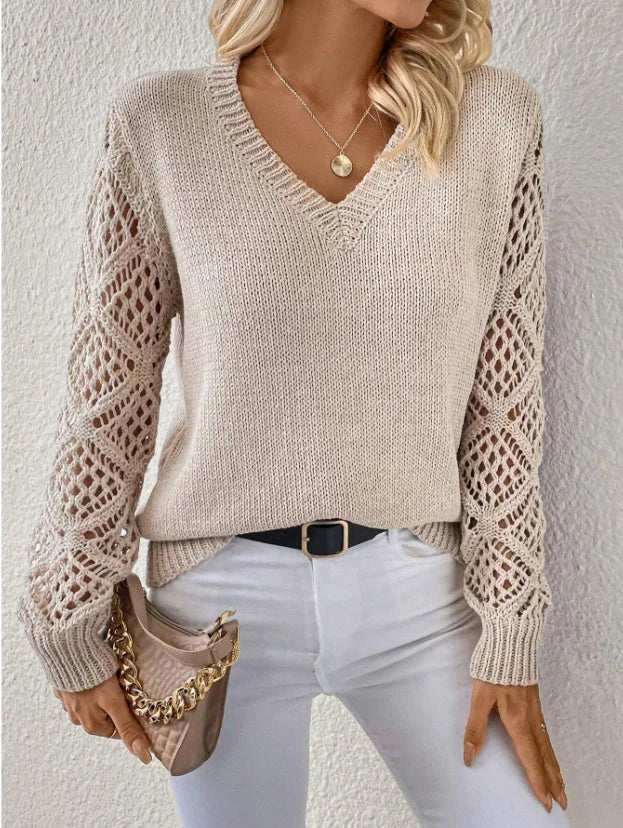 Autumn And Winter Fashion V-neck Pullover Sweater Elegant Women's Casual Hollow Long Sleeve Knitted Solid Color Loose Sweater