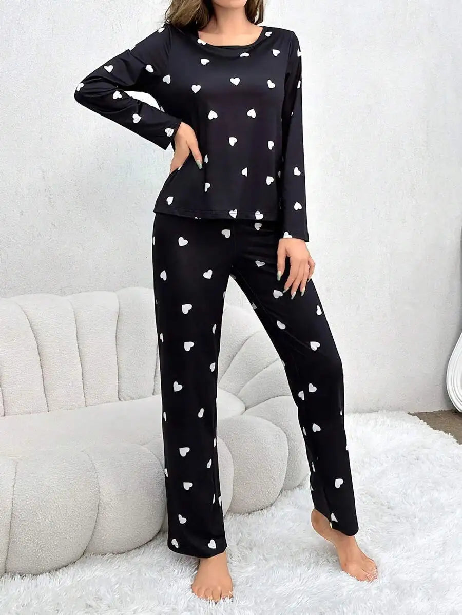 Women's Pajamas Casual Love Print Round Neck Long Sleeve Long Pants Fall and Winter Comfortable Set Girl Sleepwear Homewear