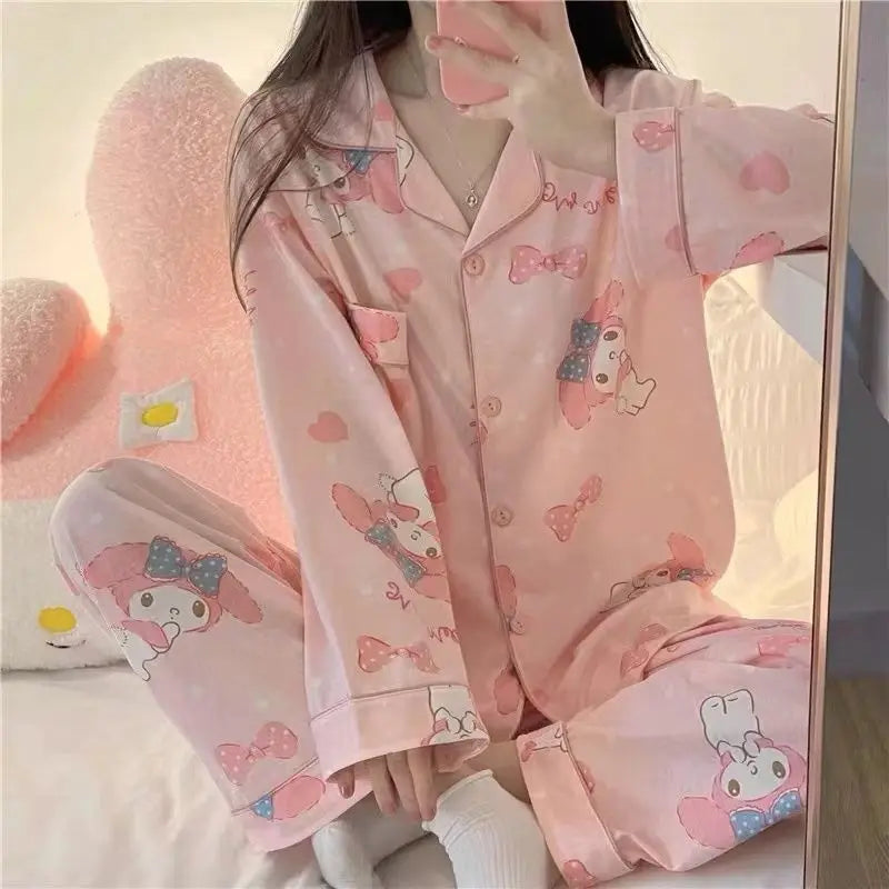 Cartoon Sanrio My Melody Long-Sleeved Pajamas Set Kawaii Cinnamoroll Printing Spring Autumn Thin Cute Girls Casual Home Clothes