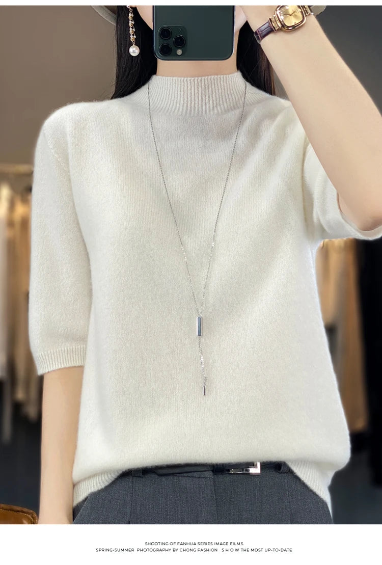 100% pure wool short sleeve summer new women's semi-high neck pullover blouse loose knit vest fashion T-shirt
