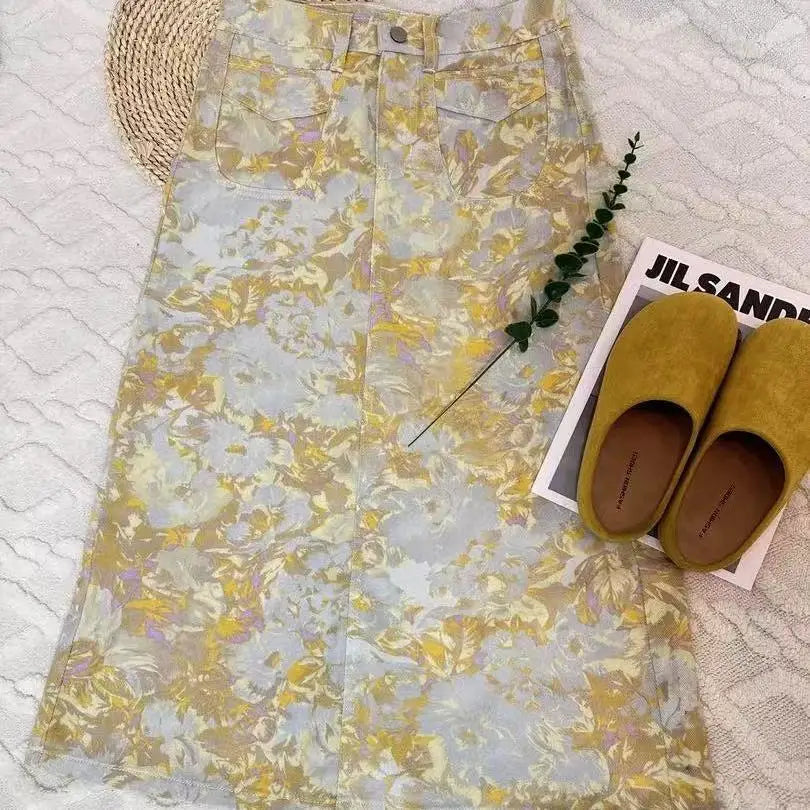 New High Waist 2025 American Retro Plant Flower Print Ladies Commuter Wide-leg Jeans Youthful and Beautiful Out of The Street