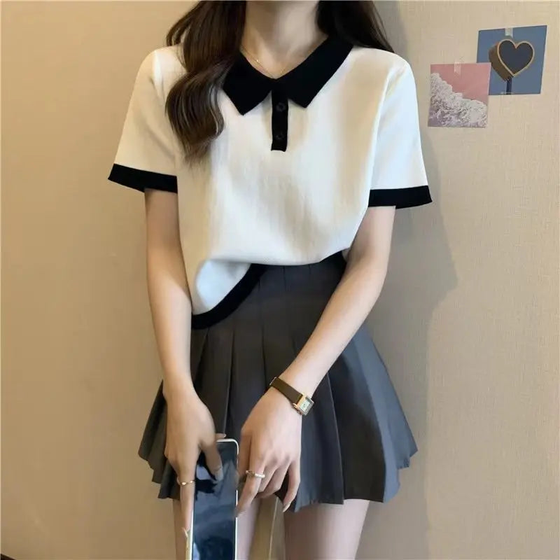College Style Summer New Knitted Short-sleeved Ice Silk T-shirt Women's Polo Shirt Design Niche Short Underwear Top