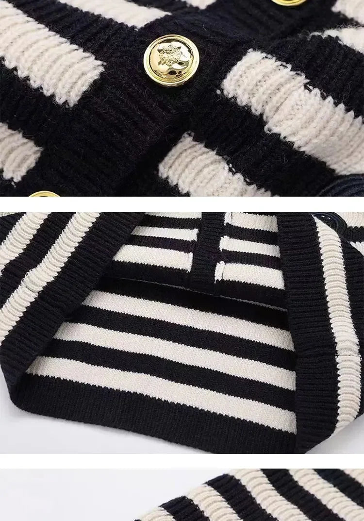 2024 Spring Classic S Letter Knit Cardigan Coat Women Stripe Sweater Ruffles Collar Tops Luxury Designer Brand Chic Y2K Clothing