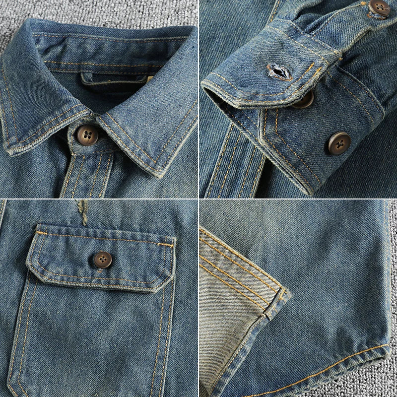 Sping New Japanese Retro High Quality Denim Cargo Shirt Men's Fashion 100% Cotton Washed Old Thick Double Pocket Casual Jacket