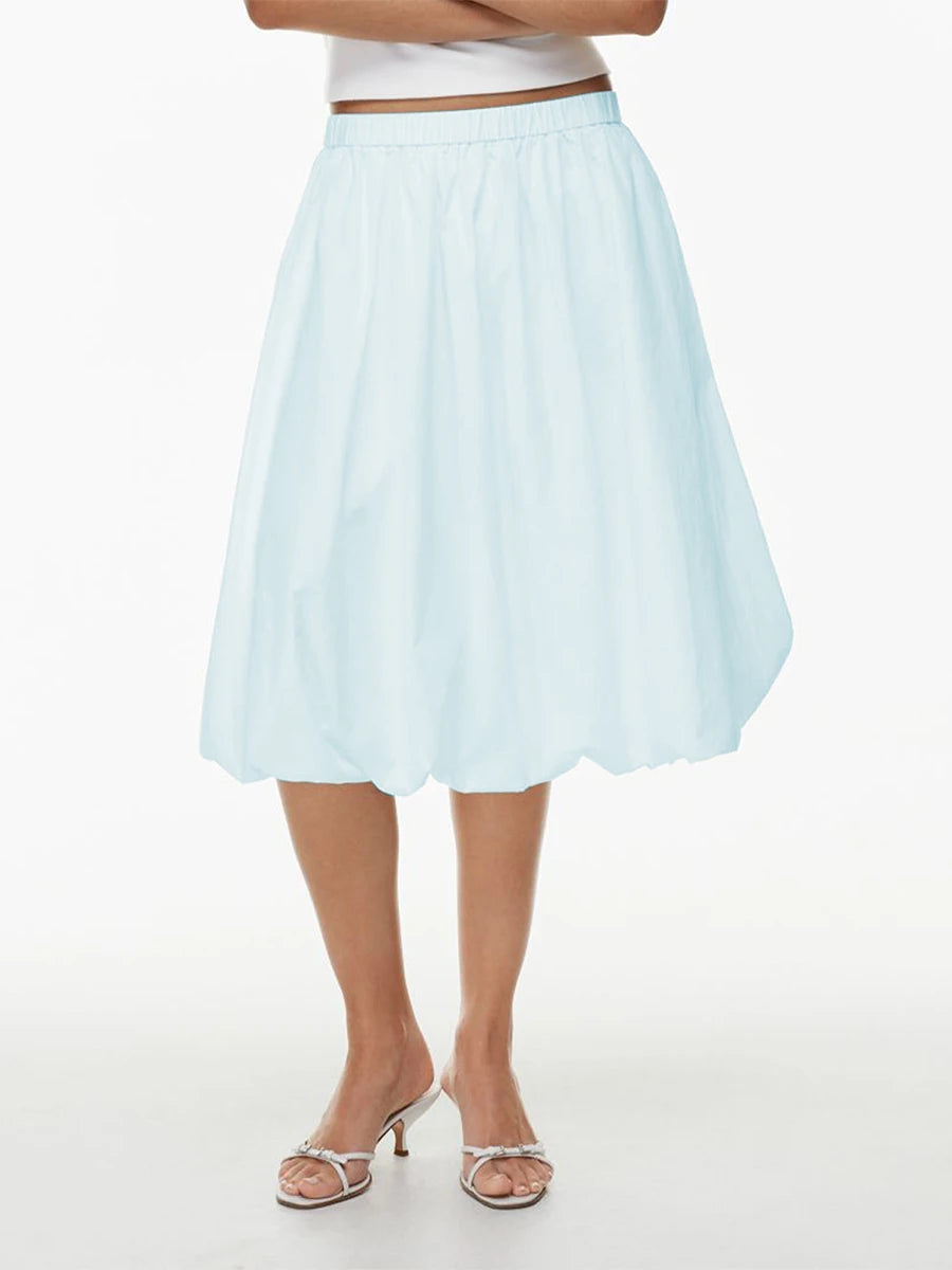 Women Bubble A-Line Skirt Casual Summer Solid Color Elastic Waist Gothic Midi Skirt for Beach Vacation Club Streetwear