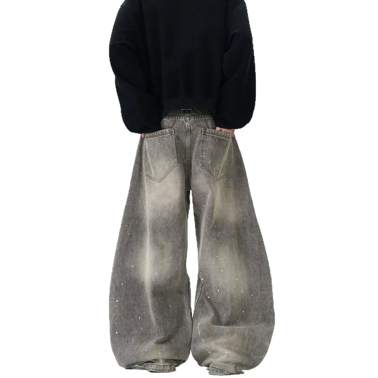Retro American Washed Grey Splatter Ink Wide Leg Loose Jeans Men's Brand Street Style Loose Trousers Casual Straight Cut
