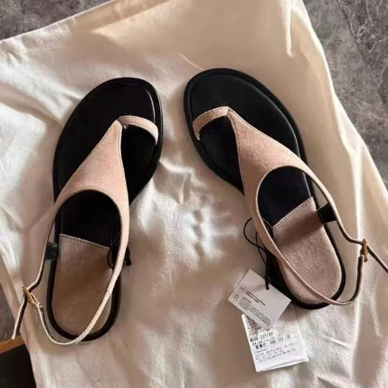 Retro Scrub Leather Sandals Women 2025 New Summer Outside Wear with Skirt Flat Toe Casual Roman Slippers