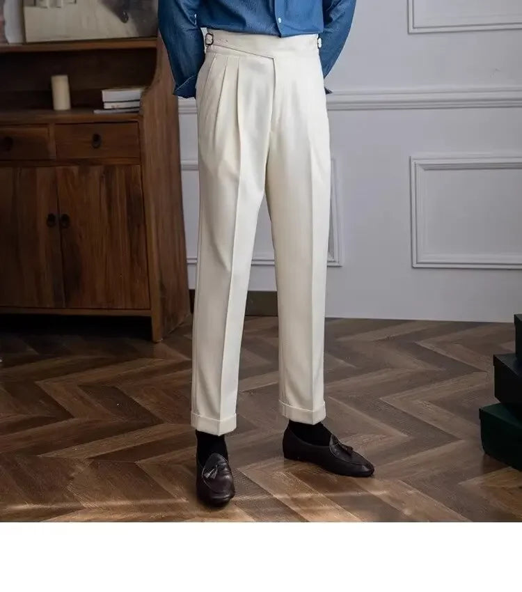 High-waisted Casual Straight-leg Suit Pants For Men Autumn Vintage Draped Waist Trousers Naples Retro Style Business Formal Wear