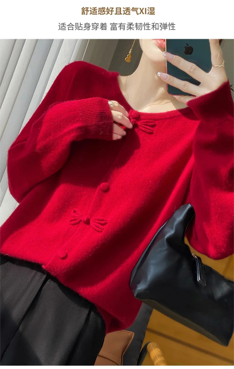 Women New Fashion Autumn Winter 100% Merino Wool Sweater O-neck Chinese Style Buckle Cardigan Soft Knitwear Female Clothing Tops