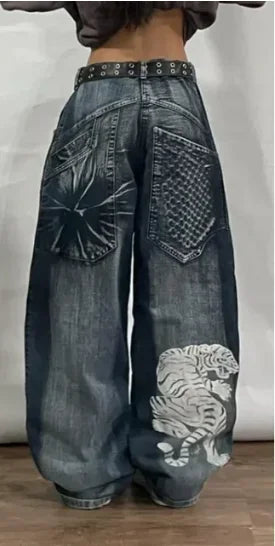 New High Waist 2025 American Retro Plant Flower Print Ladies Commuter Wide-leg Jeans Youthful and Beautiful Out of The Street
