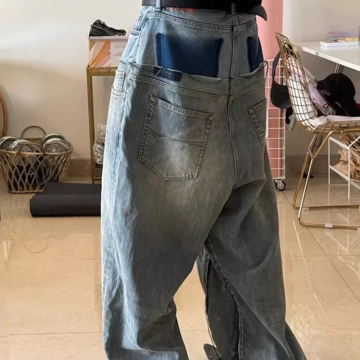 CUT-UP Double-layer Double Waist Patchwork Baggy Jeans for Men and Women Straight Casual Loose Denim Trousers Oversized