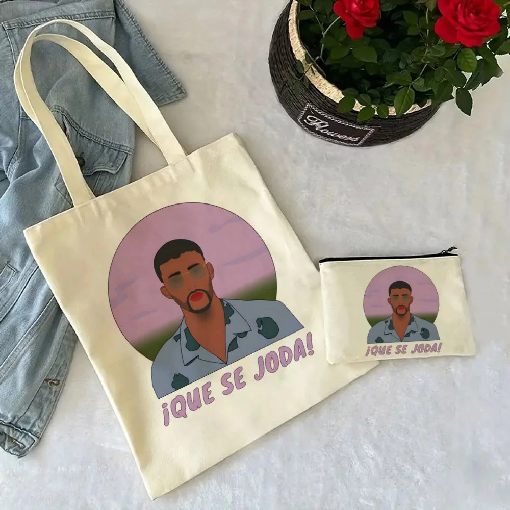 Un Verano Sin Ti Gift Bag Set, Bad Bunny Print Tote Bag, Casual Canvas Shoulder Bag with Mini Storage Bag
