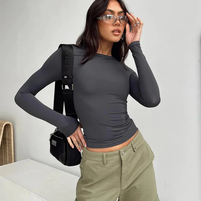 Women Casual Long Sleeve T-Shirts Spring Autumn Solid Slim Fit Pullovers Tees Shirts Female Streetwear Base Tees Tops