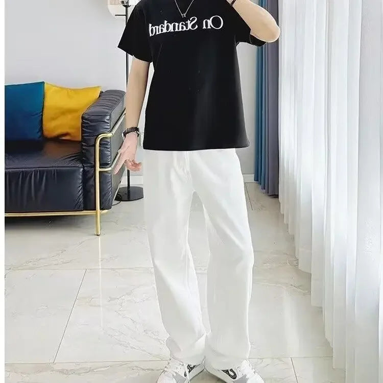 Hong Kong Style White Jeans For Men Casual Loose Fit Trendy Brand Vibe High Street Straight Leg Pants Autumn Season