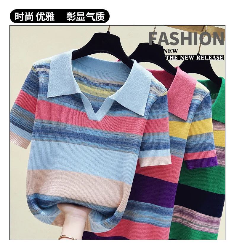 Summer Korean Knitted Tshirt Sweater For Women Rainbow Striped Stylish Fashion Loose Tops Shirt Short Sleeve Knitwear 2023