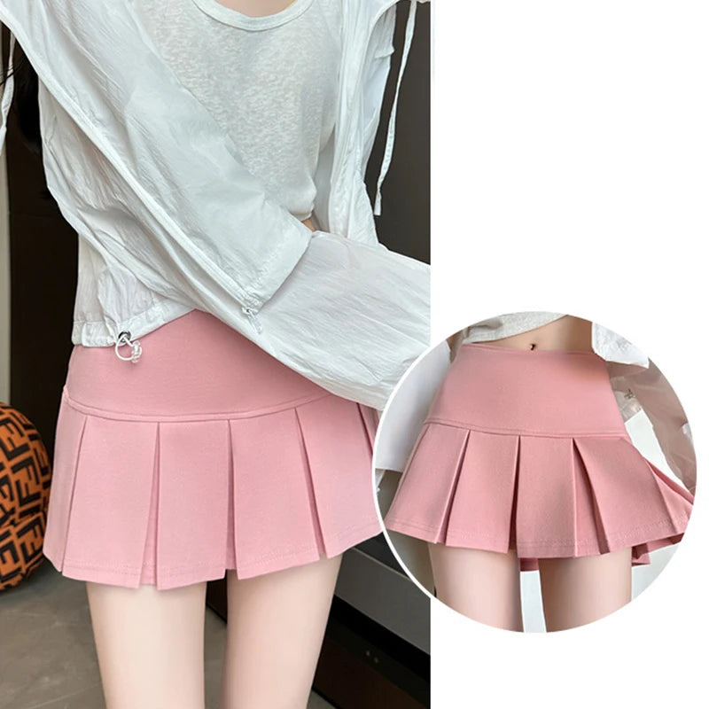 Korean Pleated Mini Skirt Women Summer 2025 New High Waist Wide Pleat Light Grey Sexy Vintage A-Line Pleated Skirt Casual Skort
