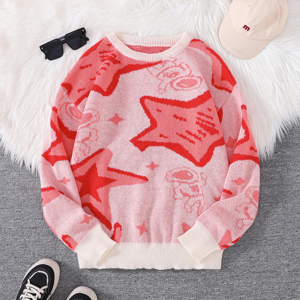 New Popular Spring & Fall Astronaut Star-Picking Jacquard Pattern Pullover Sweater Casual Round Neck Contrast Color Knitted Men'