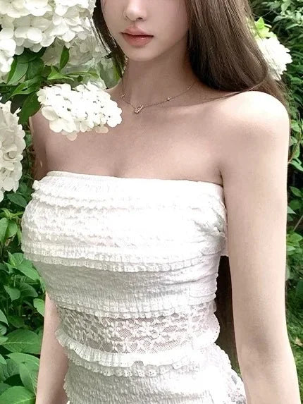 Titi Little Sister Summer French Lace Hollow Splicing White Outerwear Top Strapless Floral Embroidery Hollow out Design