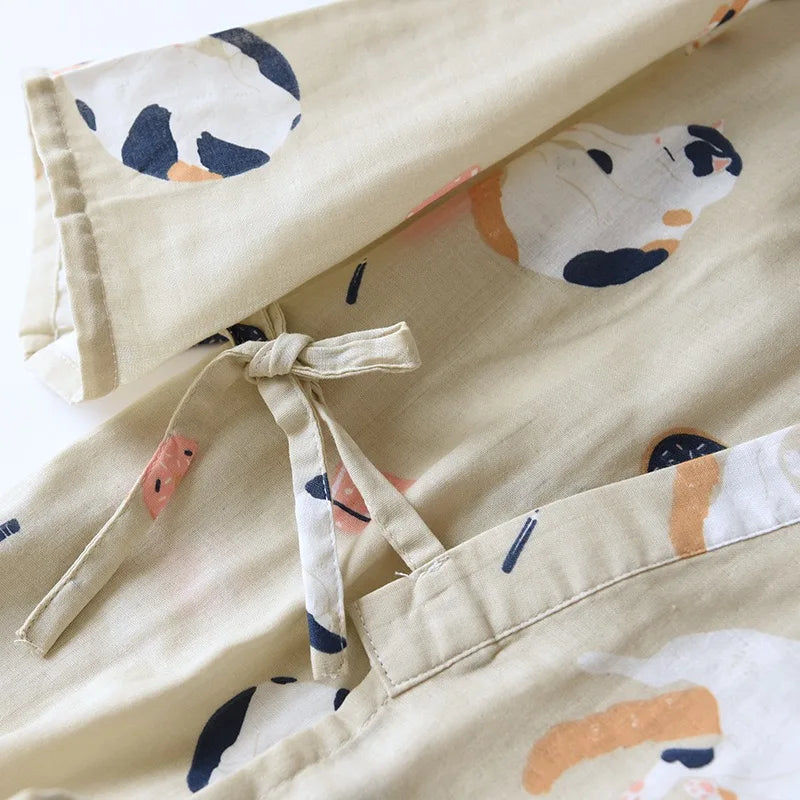 Japanese-style kimono two-piece couple pajamas cover men and women pure cotton gauze cute kitten thin homeware sleepware nighty