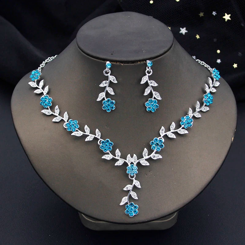 16 Colors Flower Jewelry Set Exquisite Rhinestone Pendant Party Women Fashion Romantic Choker Necklace Earring Accessory Set