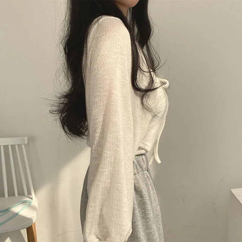 Rimocy 2023 Thin White Cardigan Women Summer Sunscreen Lace-Up Knitwear Top Female Korean Style Lantern Sleeve Short Coat Woman