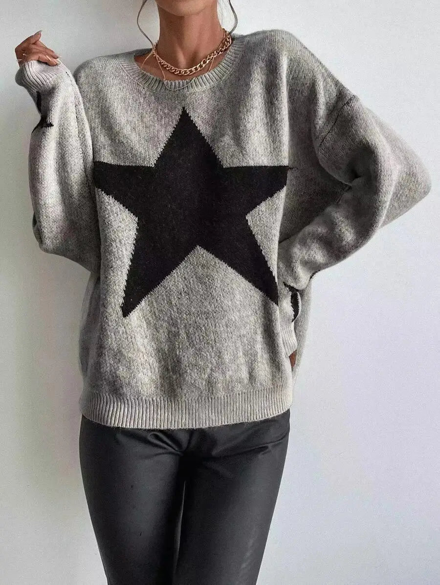 Star Sweater Pullover Women Autumn Spring Simple Knit Elastic Pullovers Jumper Casual Thick Warm Black White Basic Jumpers