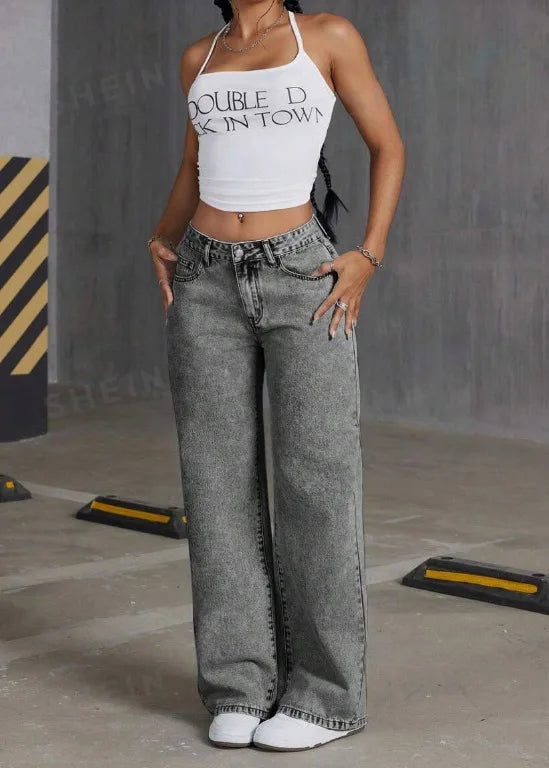 Women Wide Leg Boyfriend Jeans Straight Hip Hop Bow Embroidery Denim Pants Low Waist Baggy Jeans Casual Loose Jeans Streetwear