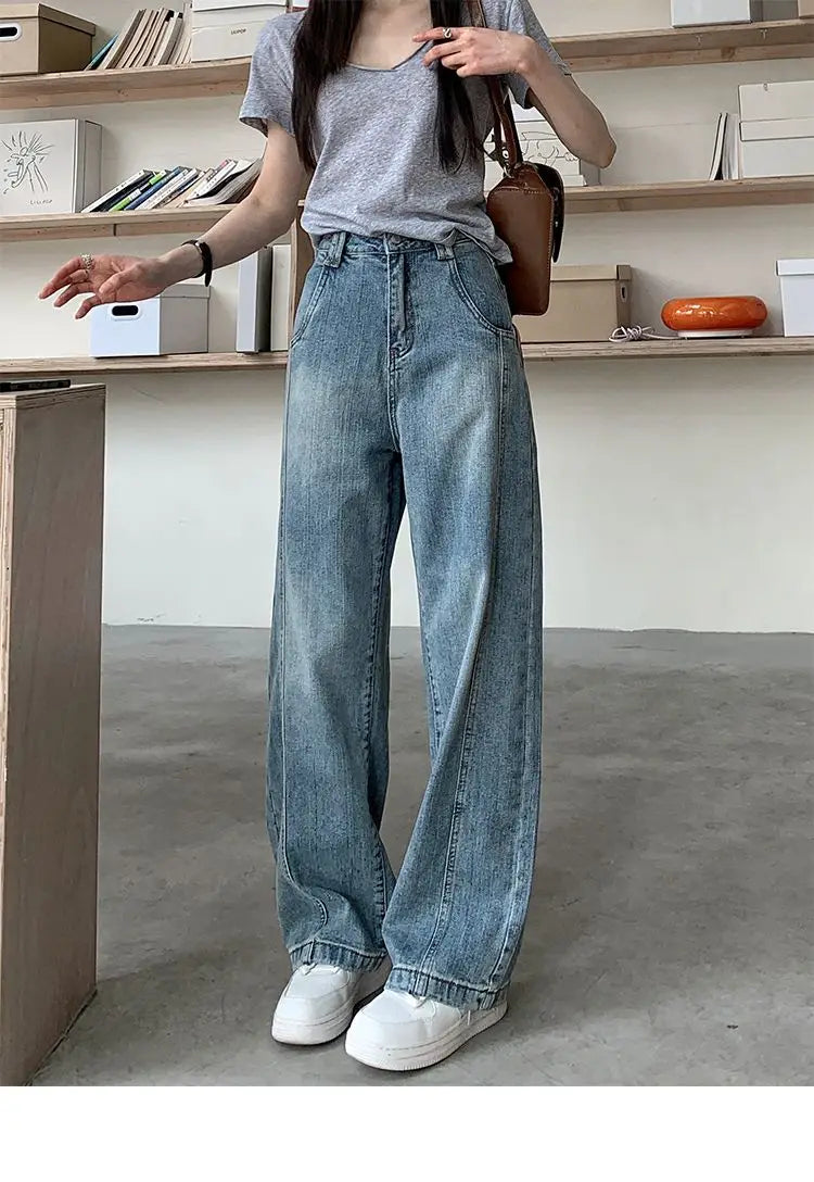 Vintage Baggy Jeans Womens' Loose-Fit Denim Pants Lightweight Bell Bottom Jean Retro Ladies' Denim Trousers Pockets Wide Pants