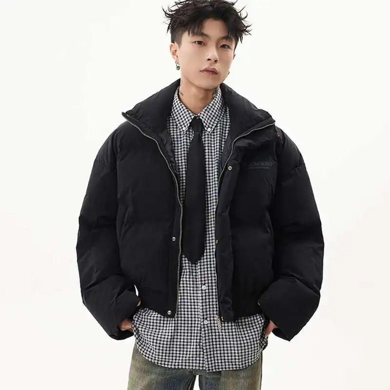 PFNW American Simple Stand Collar Short Cotton-padded Coat Men's Black Loose Zipper Quilted Padded Jacket Winter Clothes CPG2211