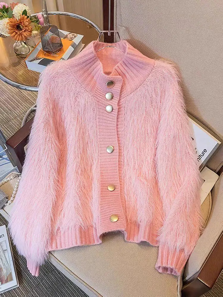 2025 Women Fur Faux Knitted Cardigan Sweater Jacket Korean Style Womens Sweaters Autumn Women's Clothes Knitwear V Neck Knit