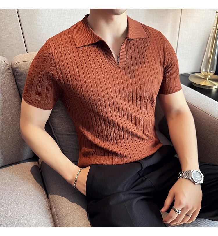Men Striped Polo Shirt 2025 Summer Light Thin Breathable Solid Casual Elastic Slim Fit Short Sleeved V-neck T-shirt Men Clothing