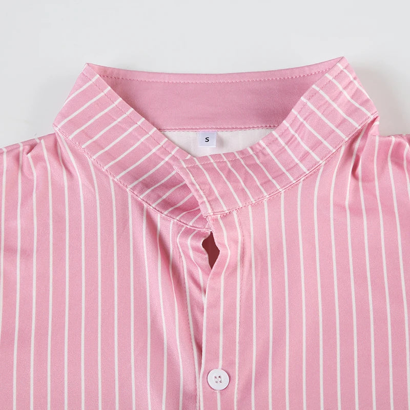 Sweetown Blue Stripe Short Sleeve Shirts For Women Button Up Turn Down Collar Slim Simple Casual Preppy Tops Basic Summer Tees