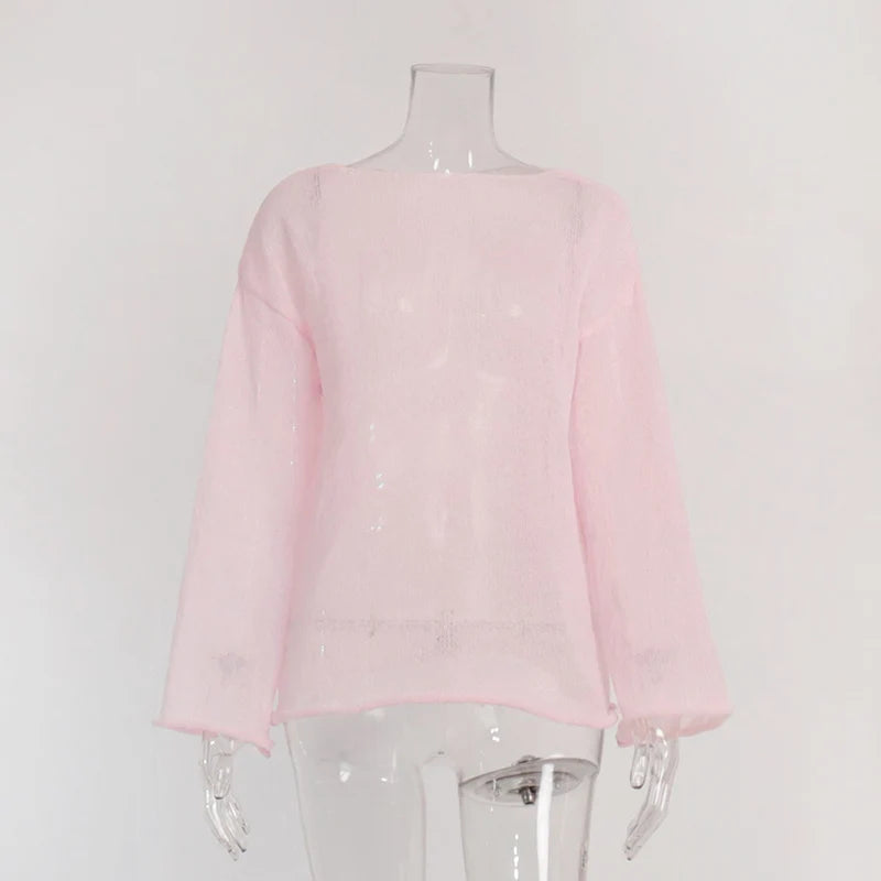 MSCSZ Red Long Sleeve Oversized Sweater Women Transparent Knitted Sweater 2025 Spring Autumn Cozy Sweaters Pullover Tops
