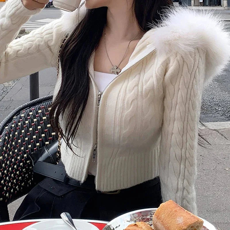 Korean Style White Twisted Autumn Cardigan Crop Knit Fluffy Zip Up Knitted Sweater Hooded Jacket Faux Fur Trim Collar