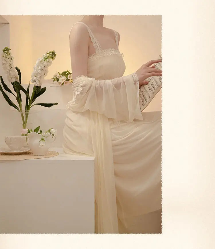 PLUS SIZE 2PCS Robe Set Female Court Style Satin Nightdress Sexy Lace Trim Sleep Suit Home Dress Gown Spaghetti Strap Nightwear