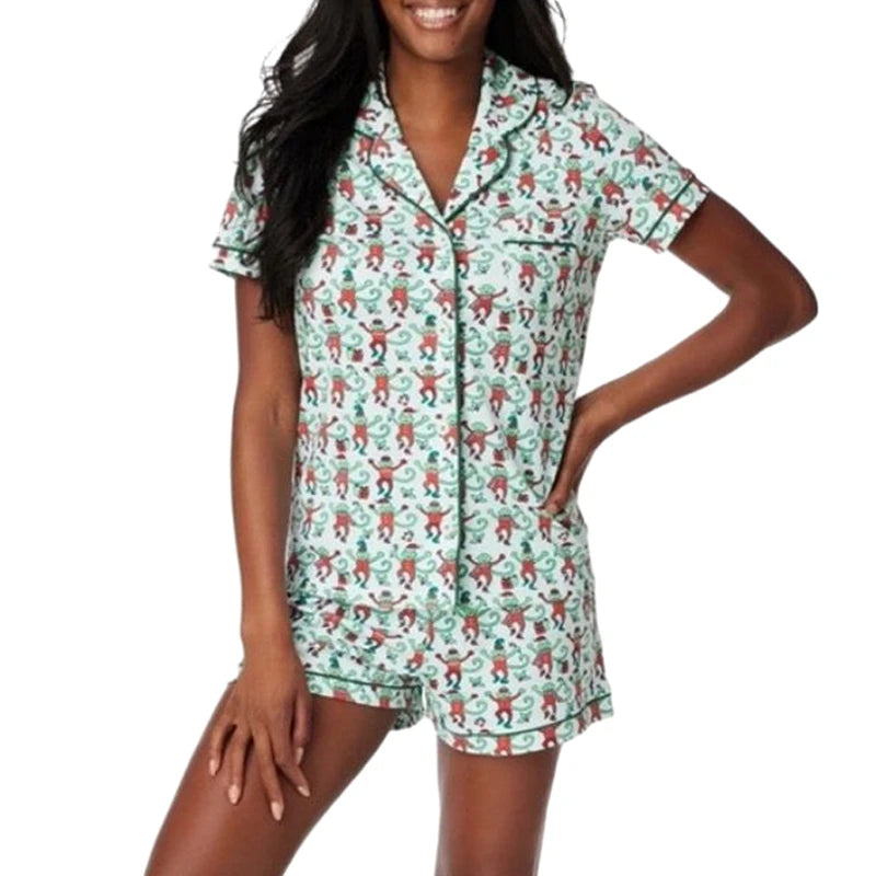 Kawaii Cartoon Print Lounge Pajama Sleepwear Women Short Sleeve Blouse Shirt Top + Shorts Y2K Vintage Comfy 2 Piece Set Outfits