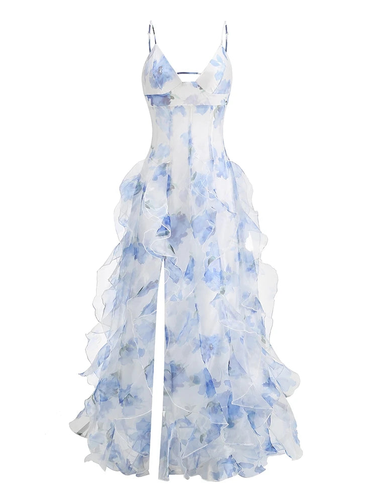 New Sexy Sleeveless V Neck Printed Ruffles Long Dress Women Spaghetti Strap Floral Printing Split Dress Holiday Party Sundress