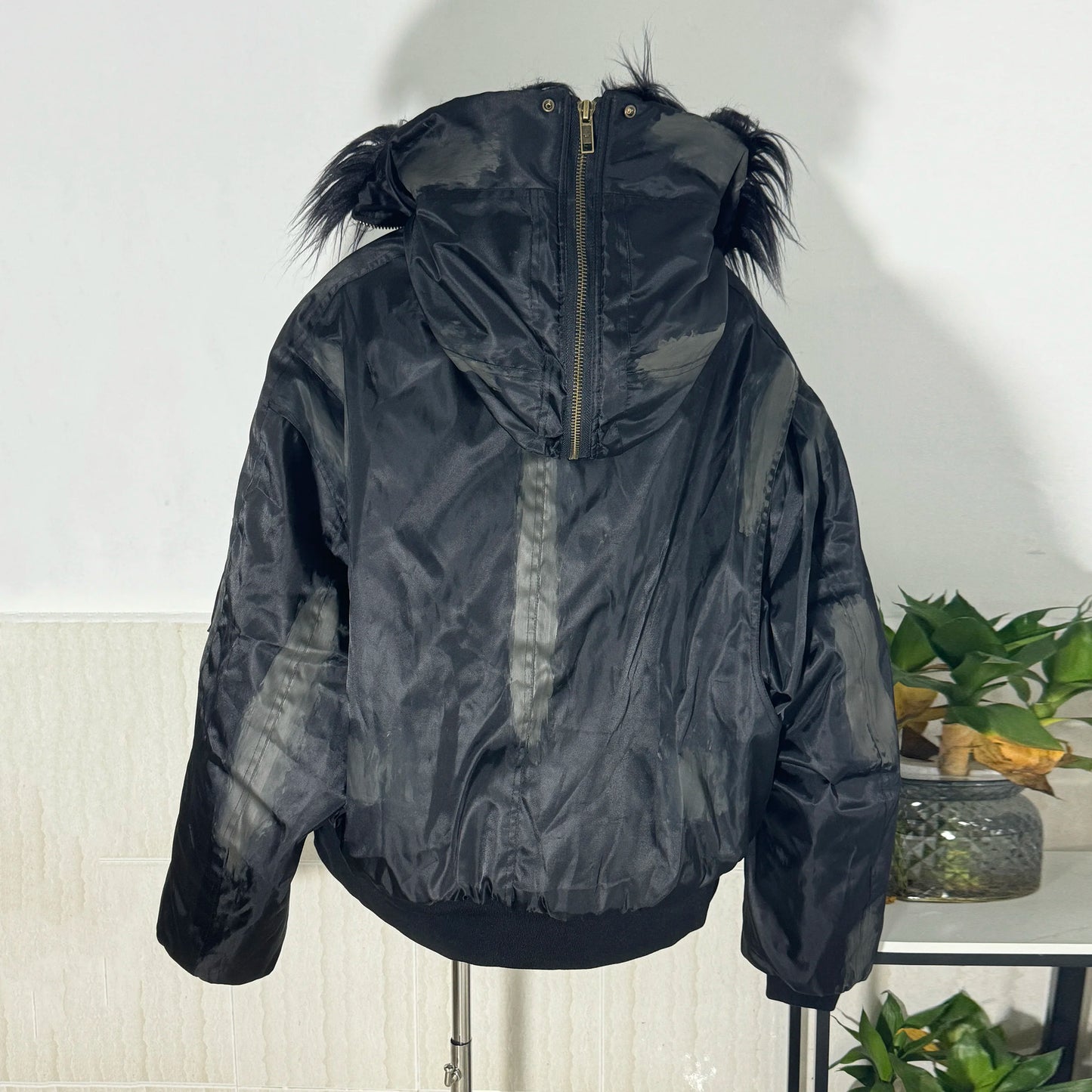 PFNW Winter New Oversized Black Cotton-padded Coat Men's Trend Tie-dye Print Fur Collar Zipper Hooded Quilted Padded Jackets