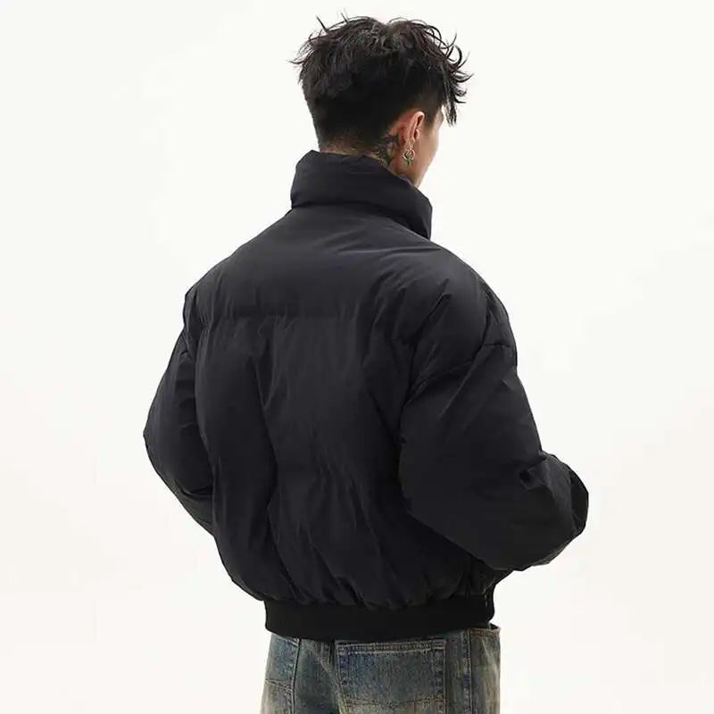 PFNW American Simple Stand Collar Short Cotton-padded Coat Men's Black Loose Zipper Quilted Padded Jacket Winter Clothes CPG2211