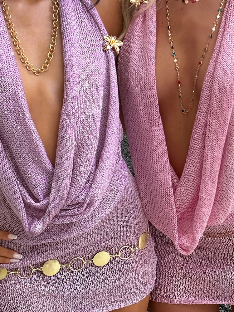 Sisterlinda Knitted Sequins Mini Dress Halter Summer Stunning Low Swinging Neck Backless Skinny Frock Female Sexy Party Bodycon