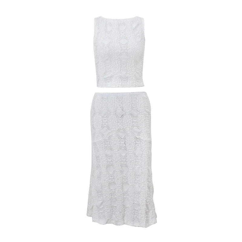 WhereMery Temperament Y2K Casual Streetwear Suits Summer Slim Sleeveless Lace Hollow Top and White Beach Skirt Women 2 Piece Set