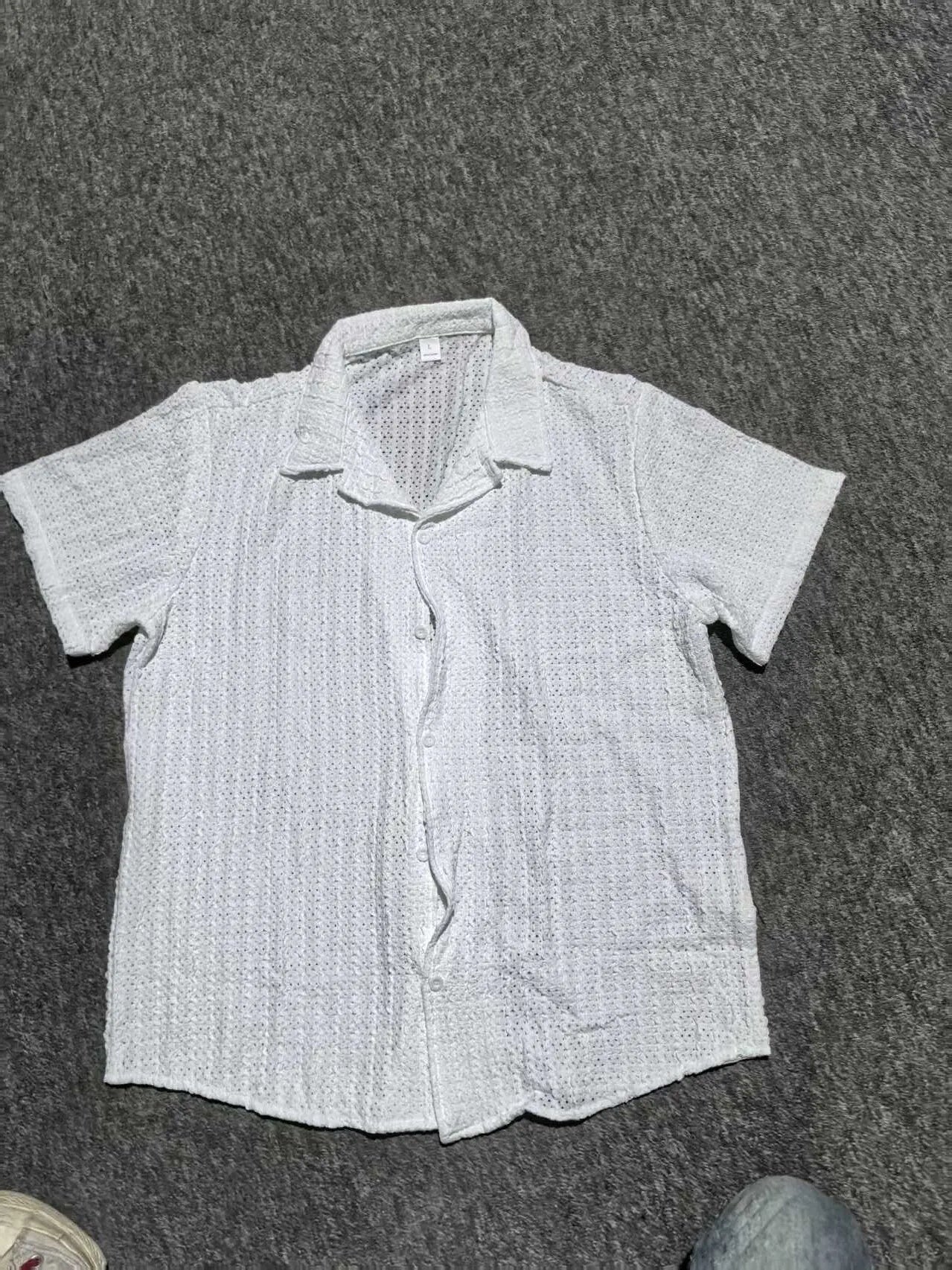 Men's Casual Knit Shirt Summer New Solid Color Turn-down Collar Hollow Breathable Short Sleeve Top