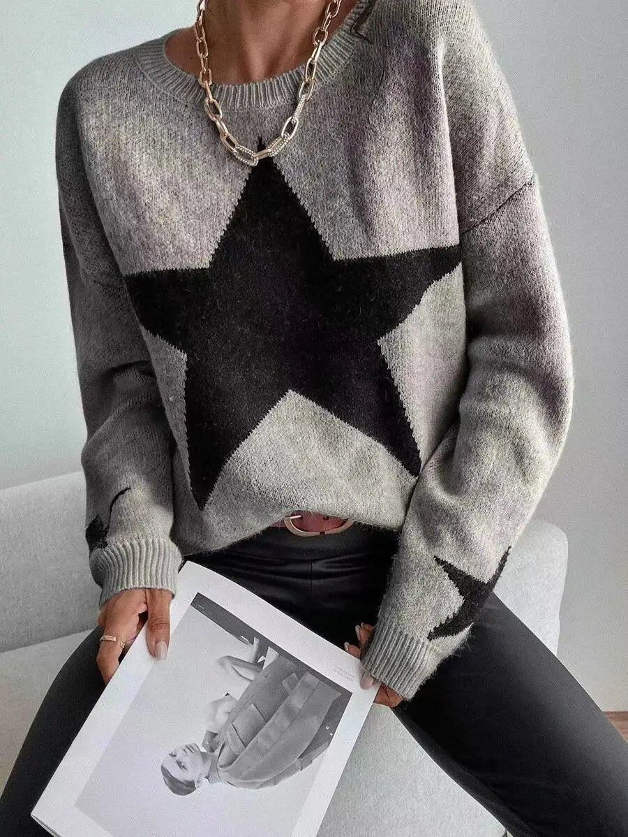 Star Sweater Pullover Women Autumn Spring Simple Knit Elastic Pullovers Jumper Casual Thick Warm Black White Basic Jumpers