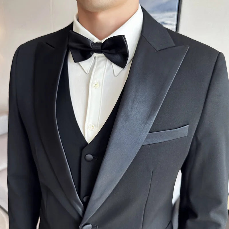 ( Jacket + Vest + Pants ) High-end Brand Boutique Fashion Men's Casual Business Black Smoking Suit Groom Wedding Dress Tuxedo