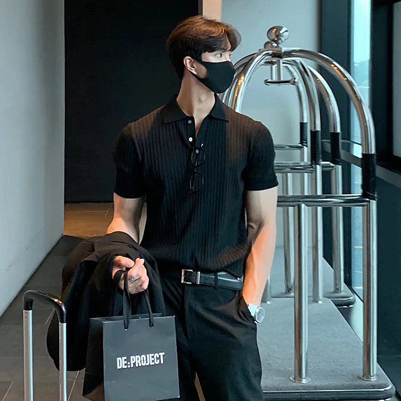 New Men Korean Style Polo Shirt Luxury Leisure Knited T-shirt Casual Striped Solid Color Short Sleeve Breathable Retro Knitwear