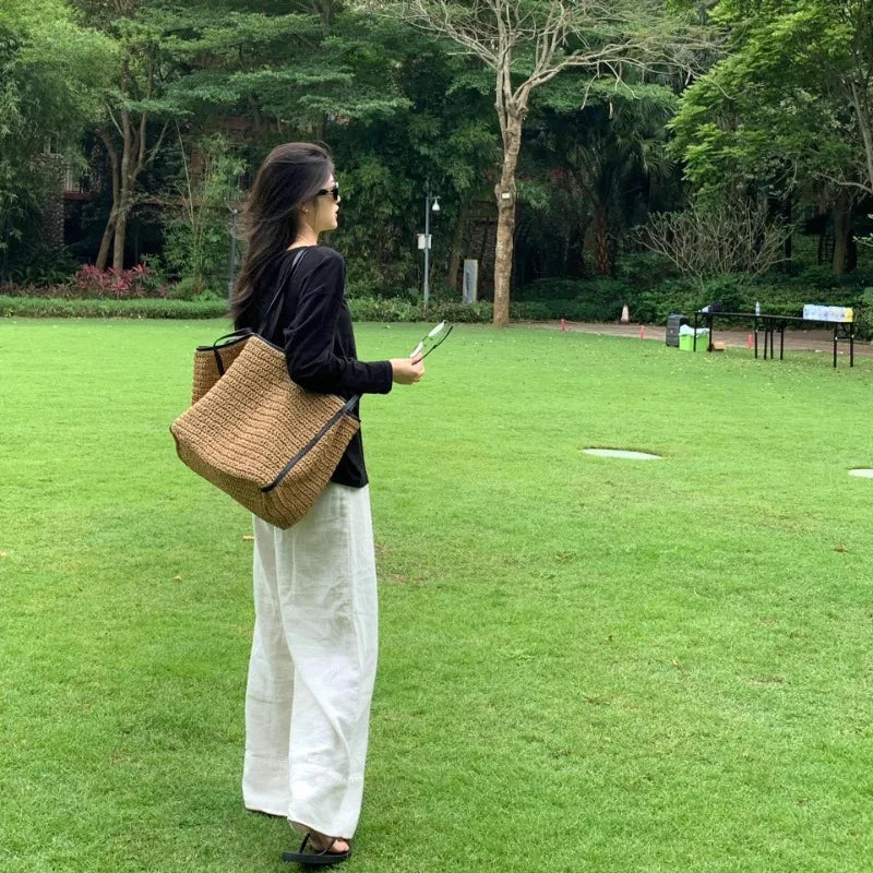 Vintage Lafite Grass Weave Straw Bags Luxury Design Vacation Style Large Capacity Shoulder Bag Summer Shopping Beach Tote Bag