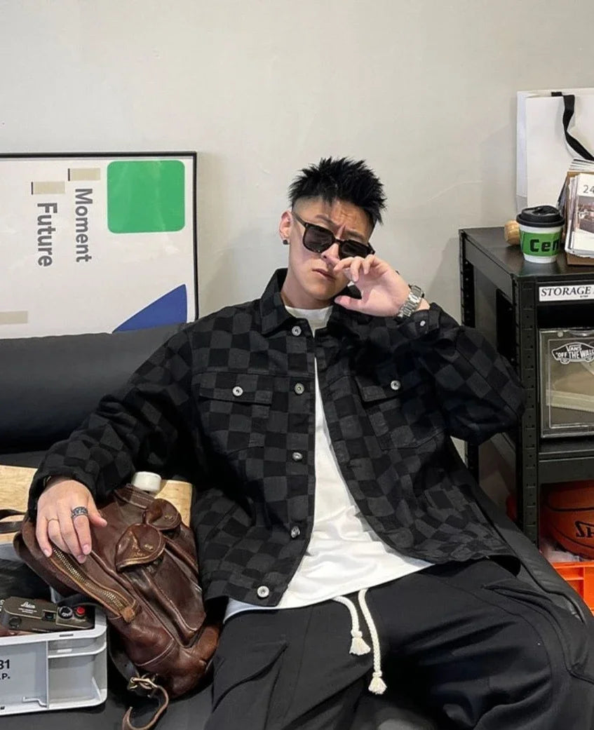 Denim Jackets Man Wide Shoulders Autumn Jeans Coat for Men Black Plaid Fashion Korean Popular Clothes of Fabric Winter 2024 Y2k