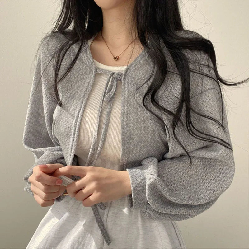 Rimocy 2023 Thin White Cardigan Women Summer Sunscreen Lace-Up Knitwear Top Female Korean Style Lantern Sleeve Short Coat Woman