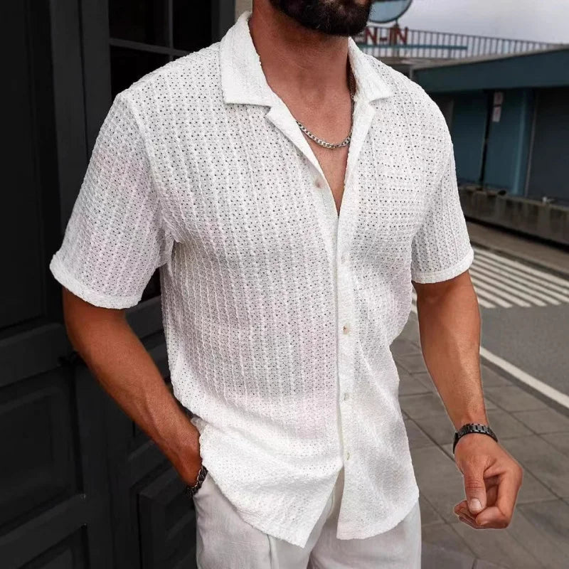 Men's Casual Knit Shirt Summer New Solid Color Turn-down Collar Hollow Breathable Short Sleeve Top