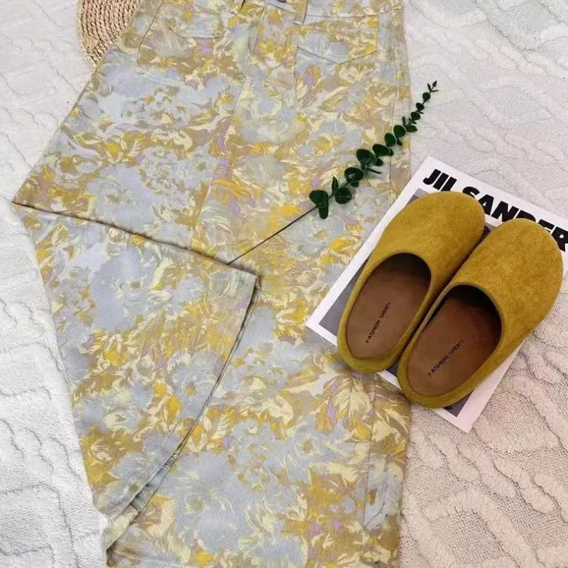 New High Waist 2025 American Retro Plant Flower Print Ladies Commuter Wide-leg Jeans Youthful and Beautiful Out of The Street
